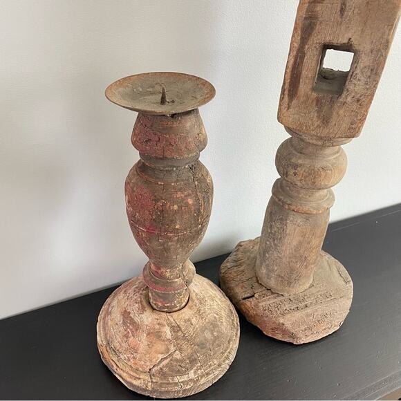 Antique Primitive Pillar Candle Holders Wood Metal 18th Century Rustic Farmhouse - Picture 4 of 9